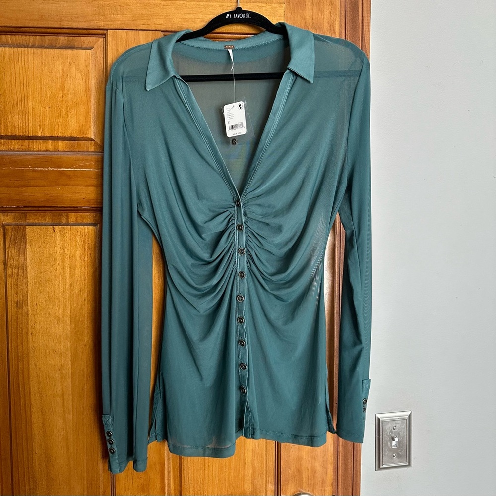 NWT Free People Teal Ruched Long Sleeve Top